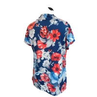 Bluzka kimono z luźnym dekoltem - granatowa czerwone kwiaty